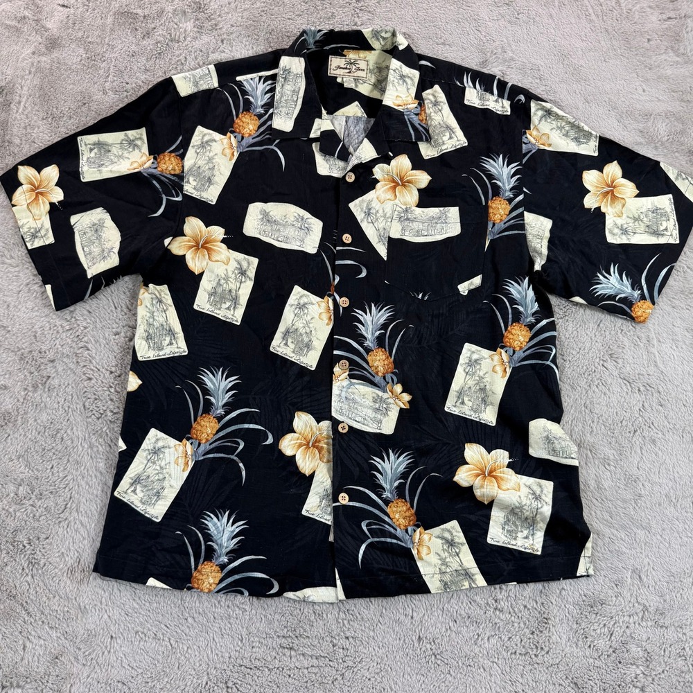 Tommy Bahama Black Hawaiian Silk Shirt Pineapple Floral Tropical Men L Vacation